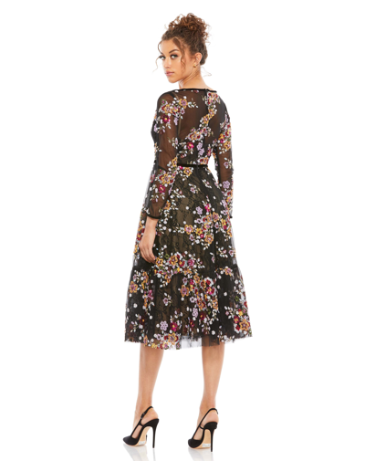 Mac Duggal Sequined Floral Lace Long-sleeve Illusion Dress In Black Multi