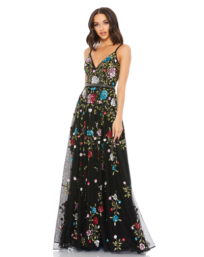 Shop Mac Duggal Embellished Floral Sequined Gown In Black Multi