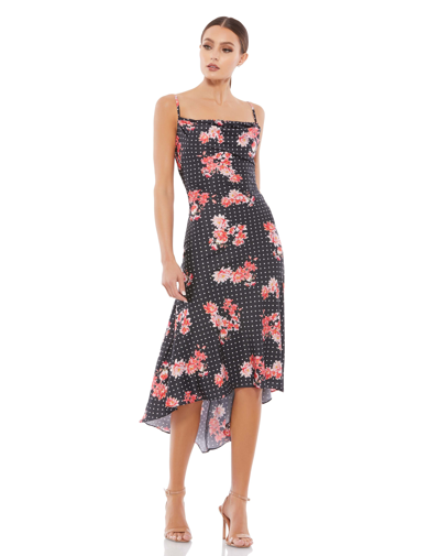 Mac Duggal Black Polka Dot Floral Midi Dress In Black Multi