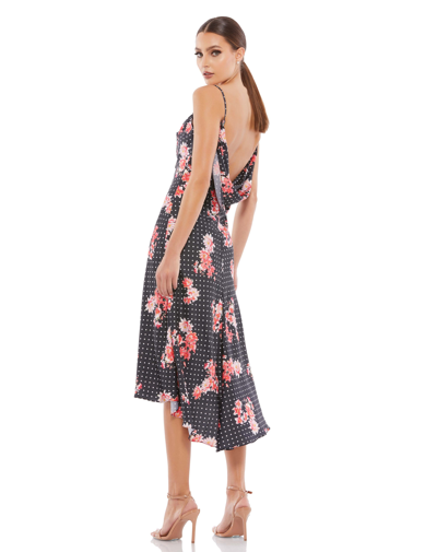 Mac Duggal Black Polka Dot Floral Midi Dress In Black Multi