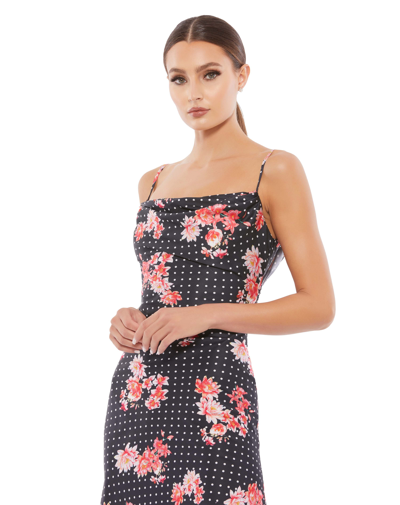 Mac Duggal Black Polka Dot Floral Midi Dress In Black Multi