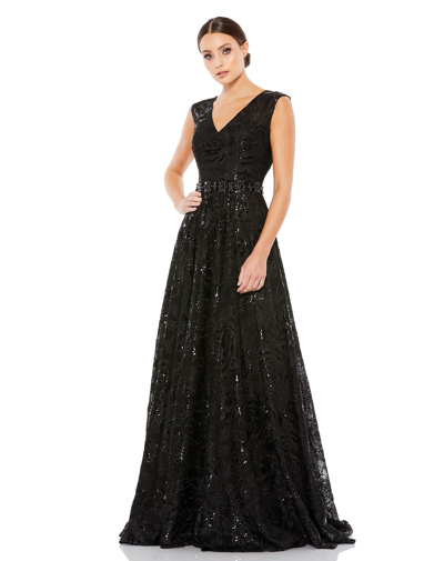 MAC DUGGAL EMBROIDERED CAP SLEEVE A LINE DRESS 