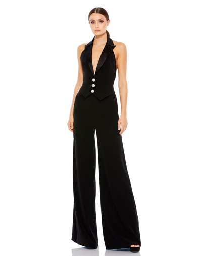 Mac Duggal Sleeveless Tuxedo Jumpsuit Dress In Jet Black