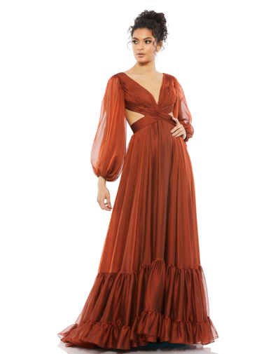 Shop Mac Duggal Pleated Cut Out Long Sleeve Lace Up Tiered Gown In Copper