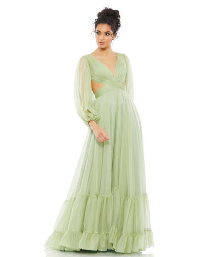 Shop Mac Duggal Pleated Cut Out Long Sleeve Lace Up Tiered Gown In Sage