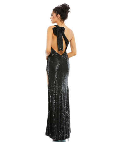 Shop Mac Duggal Sequined One Shoulder Back Bow Detail Gown In Black