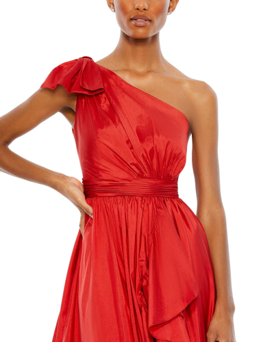 Shop Mac Duggal Bow One Shoulder Ruffle Asymmetrical Hem Gown In Red