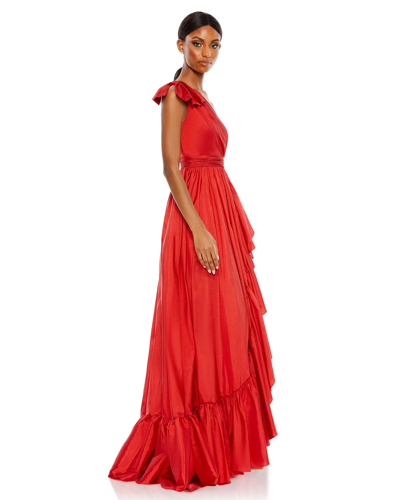Shop Mac Duggal Bow One Shoulder Ruffle Asymmetrical Hem Gown In Red