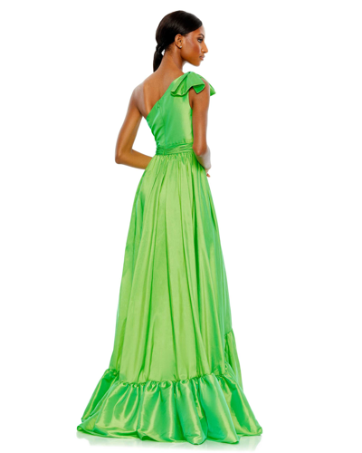 Shop Mac Duggal Bow One Shoulder Ruffle Asymmetrical Hem Gown In Spring Green
