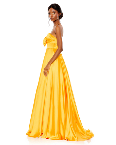 Shop Mac Duggal Bow Sweetheart Strapless A Line Gown In Marigold
