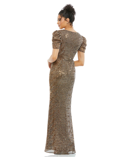Ieena For Mac Duggal Metallic Puff Sleeve Front Bow Trumpet Gown In Bronze