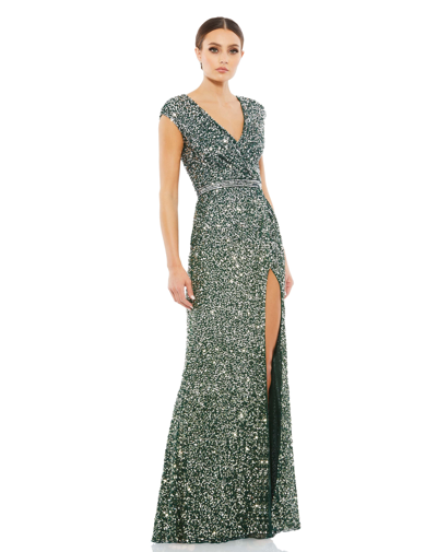 Shop Mac Duggal Cap Sleeve Sequined High Slit Gown In Forest Green
