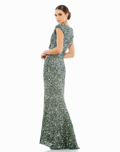 Shop Mac Duggal Cap Sleeve Sequined High Slit Gown In Forest Green