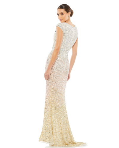 Shop Mac Duggal Cap Sleeve Sequined High Slit Gown In Nude