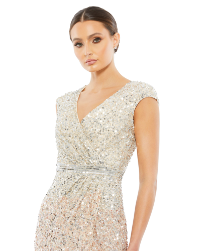 Shop Mac Duggal Cap Sleeve Sequined High Slit Gown In Nude