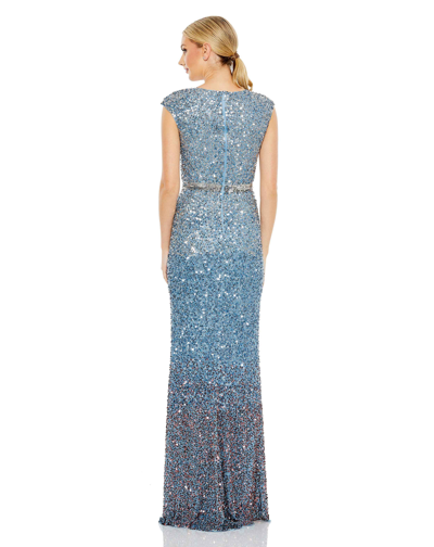 Shop Mac Duggal Cap Sleeve Sequined High Slit Gown In Blue Ombre