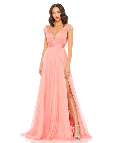 Shop Mac Duggal Chiffon Beaded Cap Sleeve A Line Gown In Coral