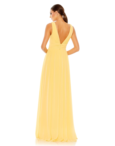Ieena For Mac Duggal Chiffon Sleeveless Wrap Over A Line Gown In Buttercup