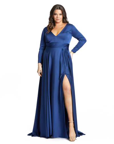 Shop Mac Duggal Classic Satin Long Sleeve Evening Gown (plus) - Final Sale In Midnight