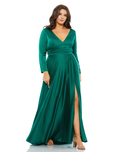 Shop Mac Duggal Classic Satin Long Sleeve Evening Gown (plus) - Final Sale In Emerald Green
