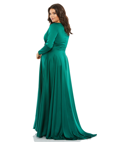 Shop Mac Duggal Classic Satin Long Sleeve Evening Gown (plus) - Final Sale In Emerald Green