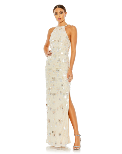 Shop Mac Duggal Crystal Embellished Cascade Open Back Column Gown In Porcelain