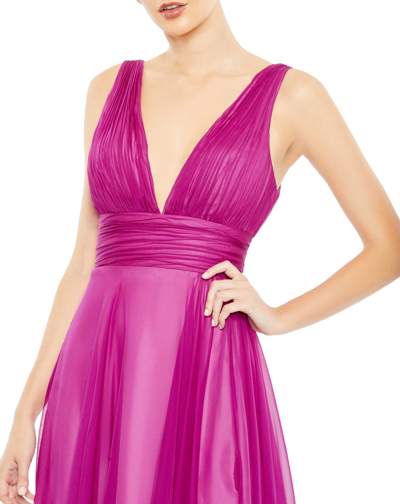 Ieena For Mac Duggal Draped Sleeveless V Neck Flowy Gown In Fuchsia