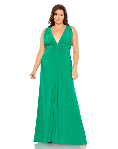 Shop Mac Duggal Draped V Neck Sleeveless A Line Gown (plus) In Jade Green