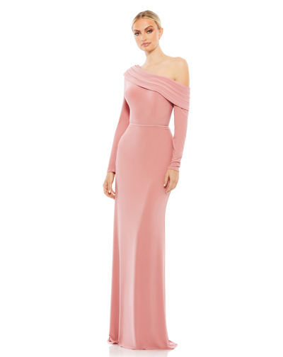 Shop Ieena For Mac Duggal Drop Shoulder Long Sleeve Column Gown In Rose/gold