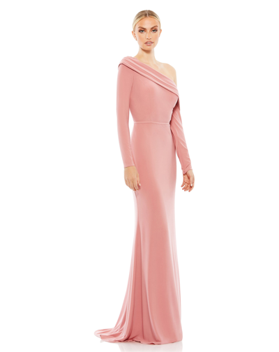 Shop Ieena For Mac Duggal Drop Shoulder Long Sleeve Column Gown In Rose/gold