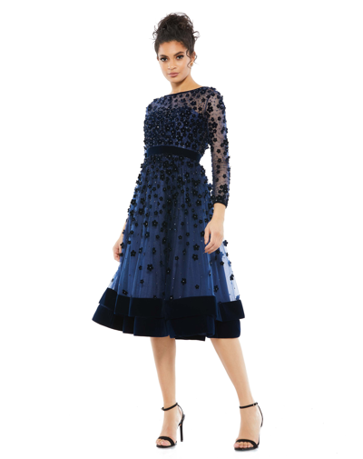 Shop Mac Duggal Embellished Illusion High Neck Long Sleeve Fit & Flare In Midnight