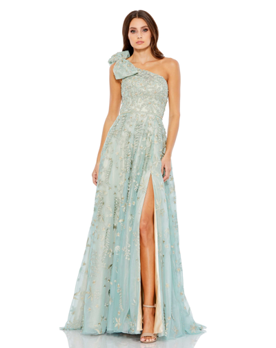 Shop Mac Duggal Embellished Bow One Shoulder A Line Gown In Sage