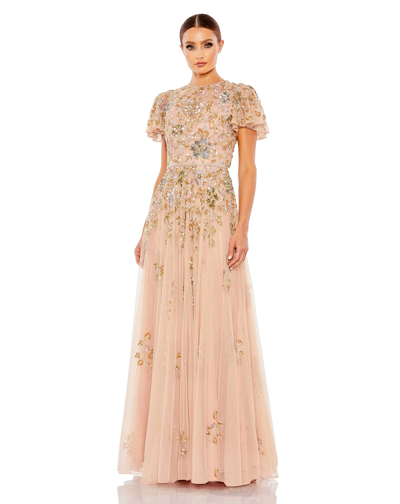 Shop Mac Duggal Embellished Butterfly Sleeve High Neck Gown - Final Sale In Taupe Multi