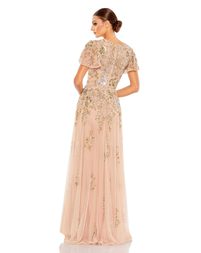 Shop Mac Duggal Embellished Butterfly Sleeve High Neck Gown - Final Sale In Taupe Multi