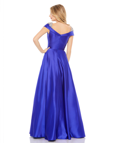 Shop Mac Duggal Embellished Cap Sleeve V Neck A Line Gown In Cobalt