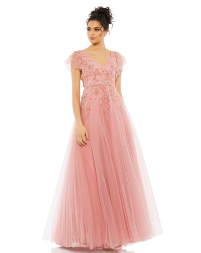 Shop Mac Duggal Embellished Cap Sleeve V Neck Gown In Salmon