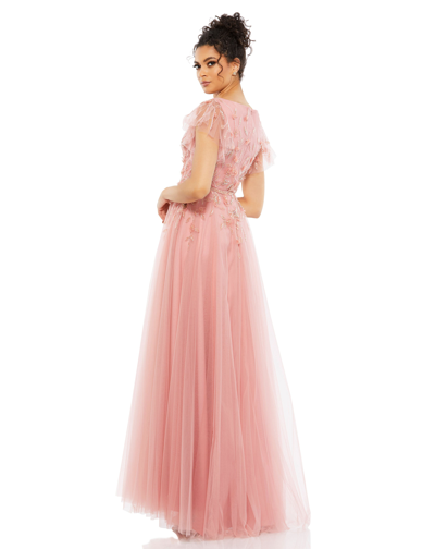 Shop Mac Duggal Embellished Cap Sleeve V Neck Gown In Salmon