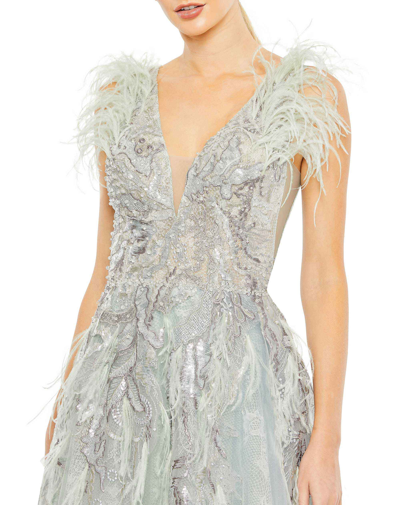 Shop Mac Duggal Embellished Feathered Sleeveless A Line Gown In Seamist