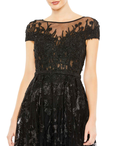 Shop Mac Duggal Embellished Floral Cap Sleeve A Line Gown In Black
