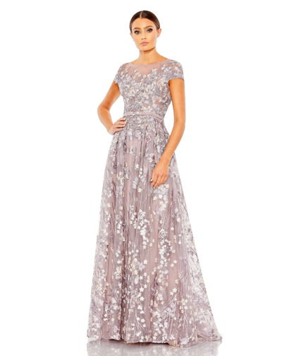 Shop Mac Duggal Embellished Floral Cap Sleeve A Line Gown In Lilac
