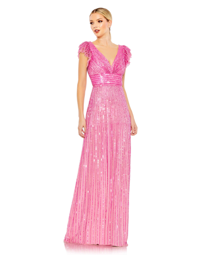 Shop Mac Duggal Embellished Flutter Cap Sleeve A Line Gown In Hot Pink