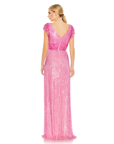 Shop Mac Duggal Embellished Flutter Cap Sleeve A Line Gown In Hot Pink