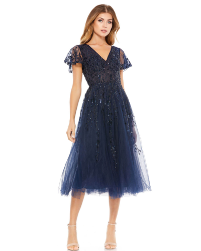 Shop Mac Duggal Embellished Flutter Sleeve Tea-length Dress In Midnight
