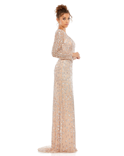 Shop Mac Duggal Embellished Front Slit Long Sleeve Gown In Rose/gold