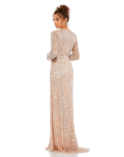 Shop Mac Duggal Embellished Front Slit Long Sleeve Gown In Rose/gold