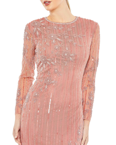 Shop Mac Duggal Embellished High Neck Illusion Long Sleeve Gown In Rose