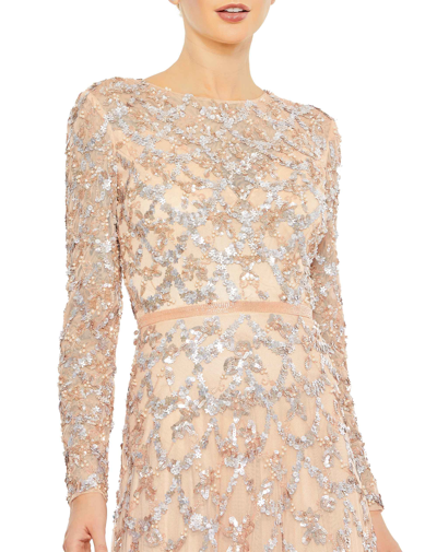 Embellished Illusion High Neck Long Sleeve A Line Dress In Blush