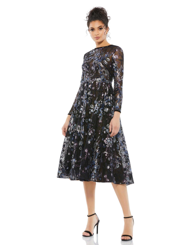 Shop Mac Duggal Embellished Illusion Long Sleeve Midi Dress - Final Sale In Black Multi
