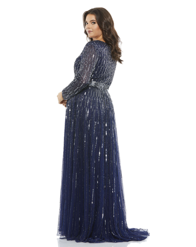 Shop Mac Duggal Embellished Illusion Long Sleeve V Neck A Line Gown (plus) In Midnight