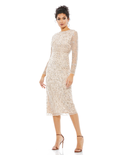 Shop Mac Duggal Beaded Tea Length Dress W/ Sheer Sleeves In Porcelain